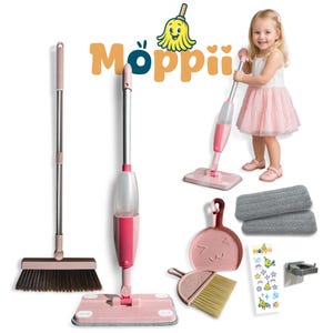 Toddler Cleaning Play Set - Pink Spray Mop, Broom, Dustpan, Cute Sticker & Accessories Pretend Play for Toddlers Ages 3+