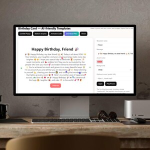 Puede incluir: Un monitor de computadora muestra una plantilla de tarjeta de cumpleaños con el texto "Happy Birthday, Friend!". La tarjeta presenta iconos coloridos y la palabra "Celebrate" en un botón rojo. La pantalla está sobre un escritorio de madera.