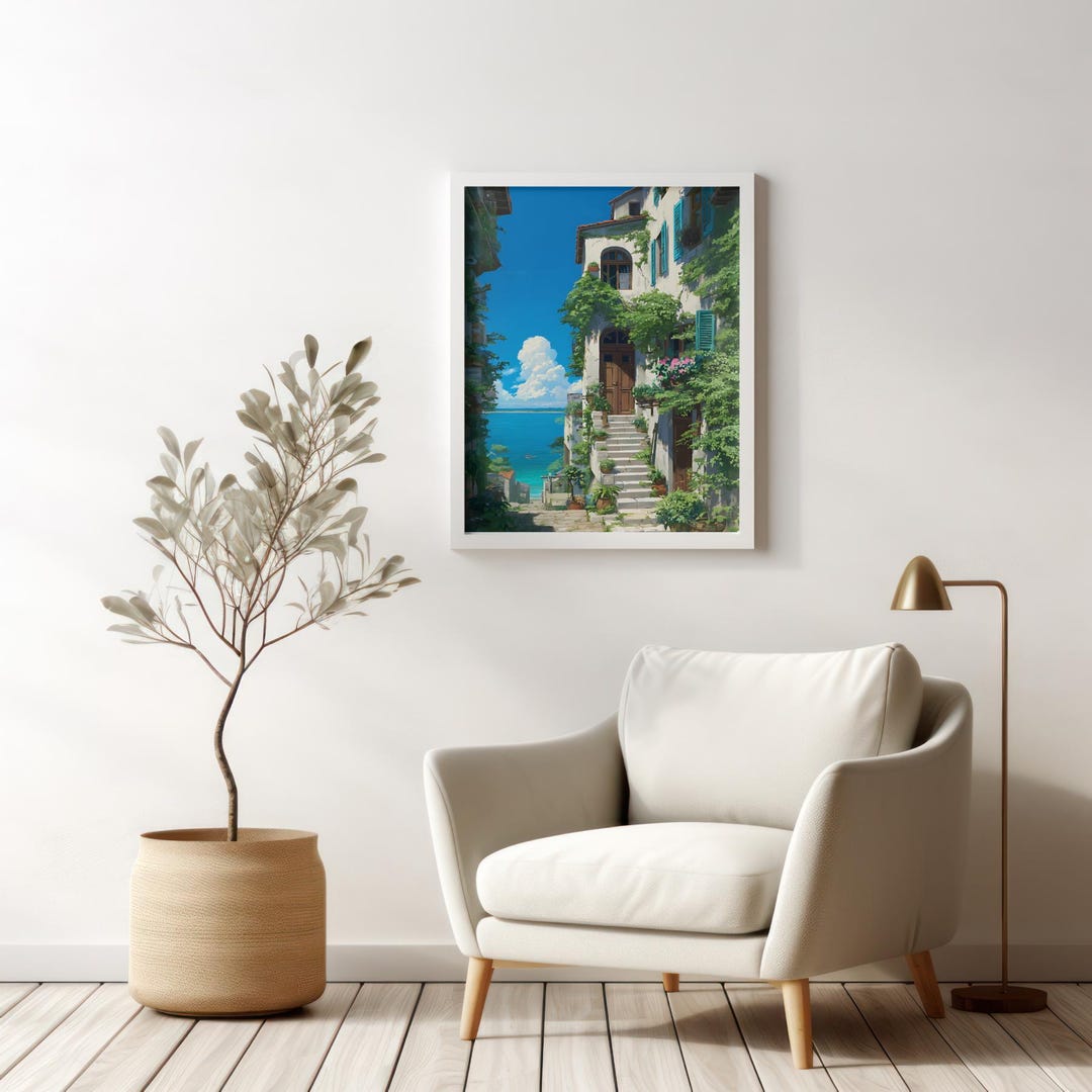 Mediterranean House Wall Art Print, Coastal Ocean View (digital ...