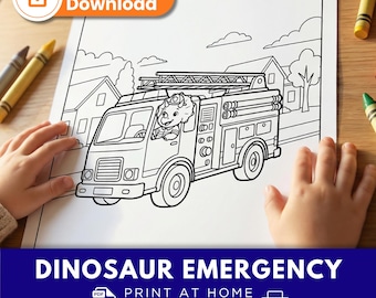 Dinosaur Fire Truck Coloring Pages for Kids | 7 Printable Pages | Dino Emergency Vehicles | PDF Download