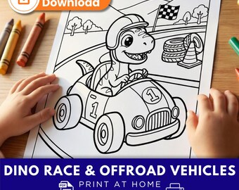 Dinosaur Race & Offroad Coloring Pages | 10 Printable Pages | Dinos Driving Vehicles | Ages 4-8