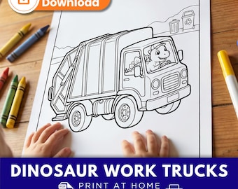 Dinosaur Work Truck Coloring Pages | 10 Printable Pages | Dinos Driving Trucks | Instant Download