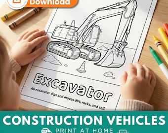 Excavator Coloring Pages for Kids | 10 Printable Pages | Construction Vehicles Ages 5-9 | Instant Download