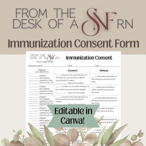 May include: An editable Immunization Consent Form, designed for medical professionals. The form includes sections for consent and refusal, with space for resident information and dates. The design features a floral border and the text "Editable in Canva!"