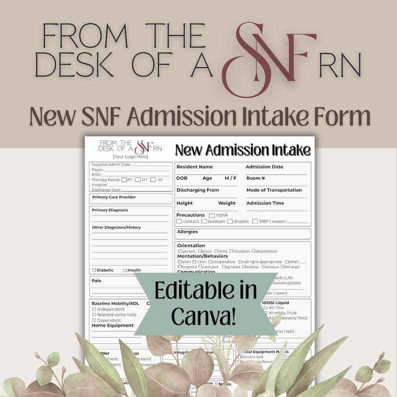 Editable SNF Admission Intake Form Template - Etsy