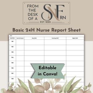 May include: A white nurse report sheet template with black grid lines, room numbers 101 through 108, and columns for shifts. The header reads From The Desk Of A SN RN Est. 2025 and Basic 24H Nurse Report Sheet. A green banner states Editable in Canva!
