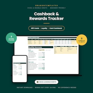 Könnte beinhalten: Eine digitale Cashback- und Belohnungs-Tracker-Vorlage für Excel und Google Sheets, die auf einem Laptop- und Smartphone-Bildschirm angezeigt wird. Die Benutzeroberfläche enthält einen monatlichen Zusammenfassungsbereich mit Datentabellen.