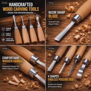 4-Piece Wood Carving Chisel Set, Steel Blades, Wooden Handles, Detail Work