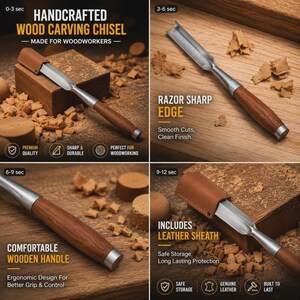 Handcrafted Wood Carving Chisel, Razor Sharp Steel Gouge, Ergonomic Wooden Handle, Leather Sheath