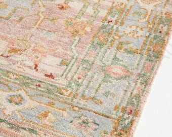 Hand Knotted Oushak Rug: Soft Blue Ivory Turkish Wool Carpet