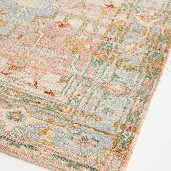 Hand Knotted Oushak Rug: Soft Blue Ivory Turkish Wool Carpet