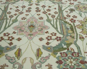 Hand knotted peacock Oushak Rug: Pastal Bird Motif Wool Carpet| Custom Size