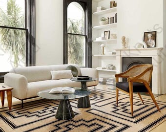 Hand knotted Beige Black Geometric Rug: Minimal Tribal Wool Carpet