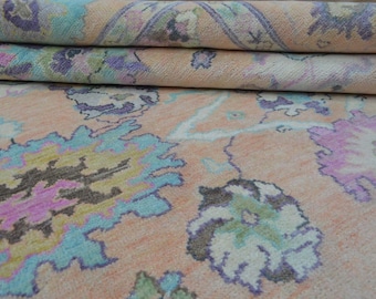 Hand knotted Pastal Floral Oushak Rug: Soft Turkish Wool Area Carpet