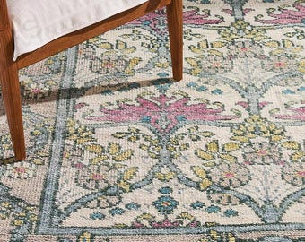 Hand knotted Floral Oushak Rug: Pastal Green Pink Wool Carpet