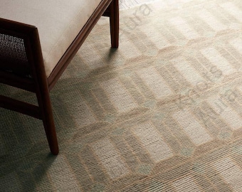 Hand Knotted Geometric Grid Rug: Beige Minimal Modern Wool Decor Rug