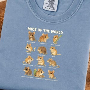 Może przedstawiać: Jasnoniebieski t-shirt z nadrukiem graficznym zatytułowanym MICE OF THE WORLD, przedstawiającym dwanaście ilustrowanych myszy i ich nazwy, w tym house mouse, wood mouse, harvest mouse, jerboa, spiny mouse i inne, z metką marki Comfort Colors.