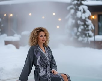 Grey Turkish Cotton Bathrobe | Jacquard Kimono Robe with Tassel Fringe