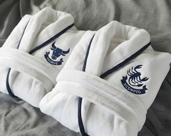 Couples Zodiac Embroidered Turkish Cotton Robe Set, Personalized Astrology Gift