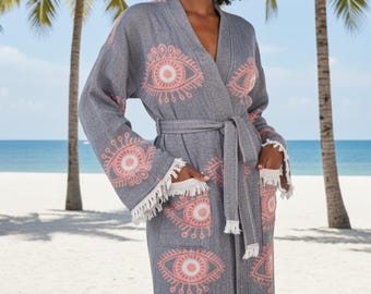 Handwoven Turkish Cotton Bathrobe: Boho Tassel Kimono