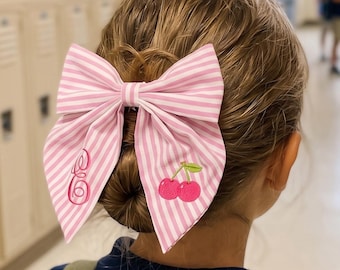 Embroidered Back to School Hair Bow, Personalized Girls Bow, First Day of School Outfit, Pink Stripe Cherry Bow, Kids Hair Accessory