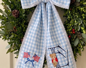 Personalized Baby Wreath Bow, Nursery Door Decor, Custom Monogram Baby Gift, Gingham Bow, Baby Shower Gift, Patriotic Baby Decor