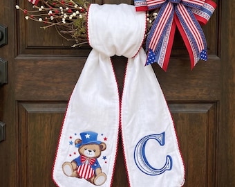 Embroidered Teddy Bear Patriotic Wreath Sash, Gingham 4th of July Wreath Tie, American Flag Monogrammed Door Lace Bow