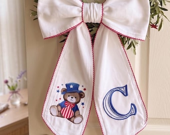 Personalized 4th of July Door Sash Bow, Embroidered Patriotic Wreath Bow with Initial, Baby Name Custom Americana Teddy Decor Gift