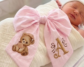 Embroidered Baby Girl Bow, Custom Newborn Name Bow, Teddy Bear Monogram Sash, Hospital Photo Prop, Baby Shower Gift Girl
