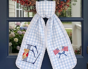 Embroidered Lace Patriotic Wreath Sash, Gingham 4th of July Wreath Tie, American Flag Monogrammed Door Lace Bow