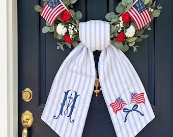 Embroidered Patriotic Wreath Sash, Stripe 4th of July Wreath Tie, American Flag Monogrammed Door Bow