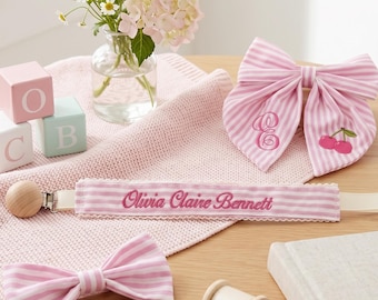 Personalized Baby Girl Bow Set, Custom Name Pacifier Clip, Pink Stripe Monogram Hair Bow, Baby Shower Gift, Newborn Girl Outfit