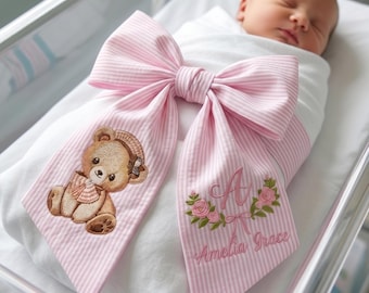 Personalized Baby Girl Bow Sash, Custom Name Nursery Bow Decor, Pink Teddy Bear Door Hanger, Floral Monogram Baby Shower Gift