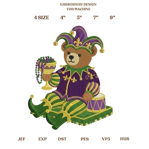 May include: An embroidery design for machine featuring a brown teddy bear dressed as a jester. The bear wears a purple and green outfit, a jester hat, and holds a chalice with beads. The design includes the text "EMBROIDERY DESIGN FOR MACHINE" and size options.