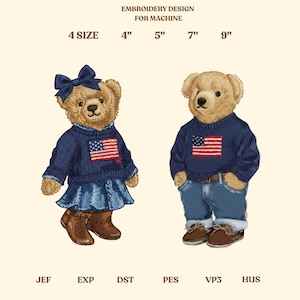 May include: Embroidery design for machine featuring two teddy bears wearing blue sweaters with an American flag design. One bear wears a denim skirt and boots, the other wears jeans and shoes. Text includes "4 SIZE", "4", "5", "7", "9".