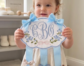 Personalized Bow Holder Baby Girl, Embroidered Monogram Hair Bow Organizer, Nursery Wall Decor, Baby Shower Gift, Girl Room Ribbon Holder