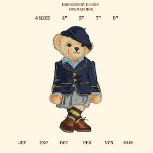 Pode incluir: Um desenho de bordado para máquina apresenta um urso de pelúcia com blazer azul marinho, boina e saia. O urso tem sapatos castanhos e meias listradas. Disponível em tamanhos de 10,16, 12,7, 17,78 e 22,86 cm.