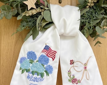 Patriotic Floral Door Sash Bow, Hydrangea Wreath Sash with American Flag, Personalized Monogram Front Door Decor, 4th of July Porch Decor