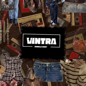 May include: A collection of vintage clothing and accessories, including a brown leather jacket, denim skirt, and a striped sweater. The image features handbags, shoes, and watches. The central focus is a black rectangle with the text "VINTRA BUNDLE SHOP".