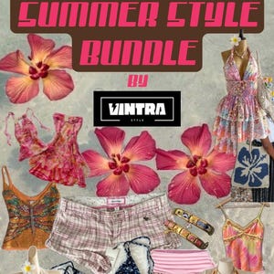 Könnte beinhalten: Eine Collage von Sommer-Modeartikeln, darunter Kleider, Bademode, Sonnenbrillen und Accessoires. Das Bild zeigt eine Vielzahl von Farben und Mustern, mit dem Text "SUMMER STYLE BUNDLE" und der Marke "VINTRA STYLE".