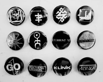 Industrial / Noise Music Pins: 25mm, Coil, Psychic TV, Throbbing Gristle, Einsturzende Neubauten, Current 93, Nurse With Wound, The Klinik