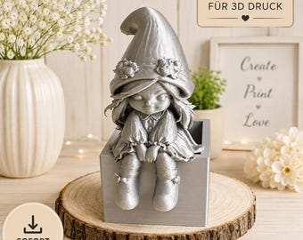STL file, 3D print file – Seated gnome woman with box | Pen holder, flower pot or decorative figure | STL file for 3D printing | Digital download