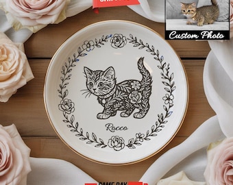 Custom Dog Cat Jewelry Dish, Toile De Jouy Pet Ring Dish , Personalized Pet Portrait Ceramic Christmas , Pet Mom Photo Gift, Pet Lover Gift