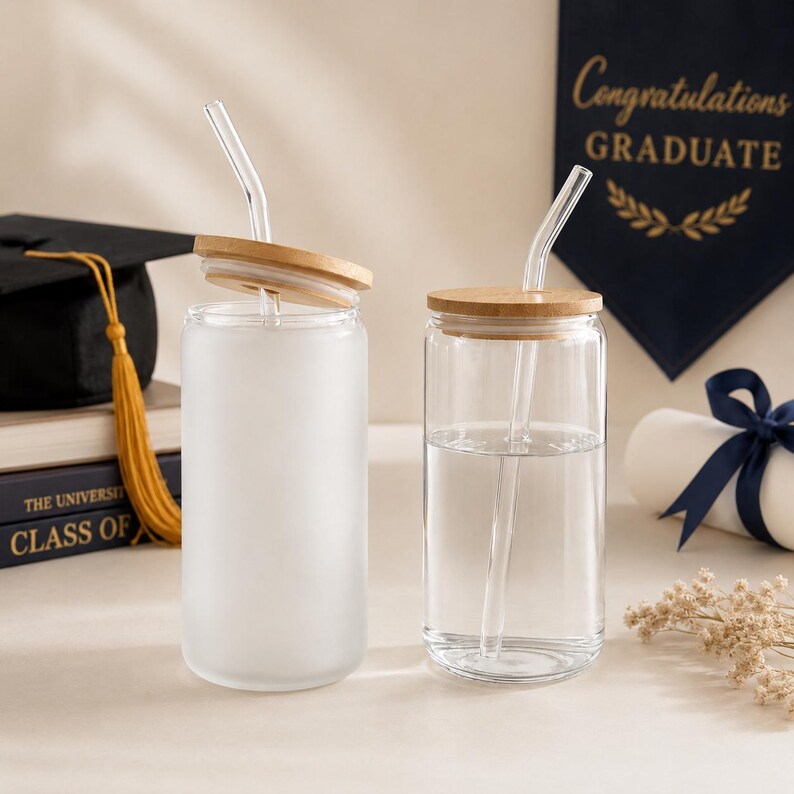 K&ouml;nnte beinhalten: Zwei Glasbecher mit Bambusdeckeln und durchsichtigen Strohhalmen. Einer der Becher ist mattiert, der andere ist klar und mit Wasser gef&uuml;llt. Im Hintergrund befindet sich ein Abschlussbanner mit dem Text "Congratulations GRADUATE".