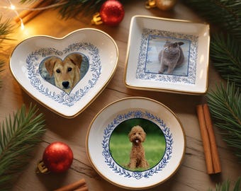 Custom Dog Cat Jewelry Dish, Toile De Jouy Pet Ring Dish , Personalized Pet Portrait Ceramic Christmas , Pet Mom Photo Gift, Pet Lover Gift