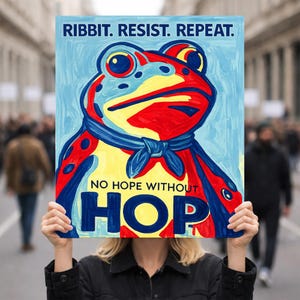 May include: A person holds a sign with a colorful frog illustration. The sign reads "RIBBIT. RESIST. REPEAT." above the frog and "NO HOPE WITHOUT HOP" below. The frog is red, yellow, and blue, with a blue scarf.