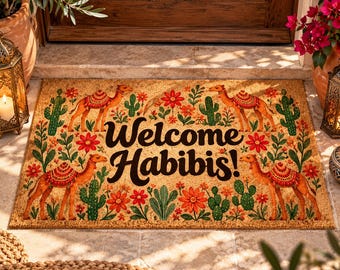Welcome Habibis Doormat, Camel Desert Welcome Mat, Boho Entryway Decor, Middle Eastern Style Door Mat, Unique Housewarming Gift