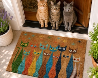 Colorful Cat Doormat, Retro Cat Lover Welcome Mat, Mid Century Modern Cat Decor, Whimsical Kitty Coir Doormat, Cute Pet Owner Gift
