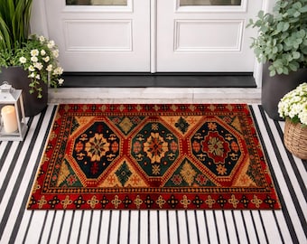 Vintage Oriental Doormat, Red Navy Pattern Welcome Mat, Traditional Turkish Rug Style Entry Mat, Boho Porch Decor, Decorative Door Mat