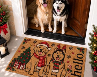 Personalized Christmas Pet Doormat, Custom Cat & Dog Welcome Mat, Santa Hat Pet Doormat, Christmas Gift, Custom Pet Doormat, Reindeer